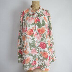 Talbots Womens Plus 3X Coral Pink Floral LS 100% Cotton Blouse Shirt Cottage